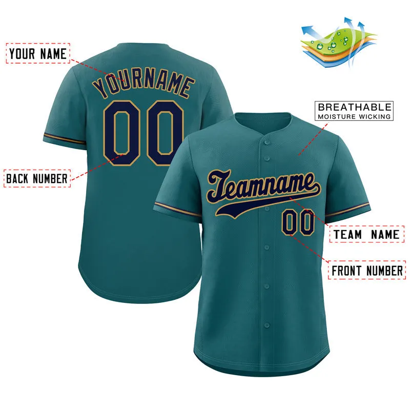 Custom Aqua Navy-Old Gold Hook Classic Style Authentic Baseball Jersey