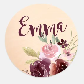 Custom Burgundy Blush Floral Printed Name Round