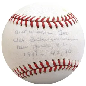 Hal Schumacher Autographed Official NL Feeney Baseball New York Giants "To Leo Best Wishes" Beckett BAS #F27446