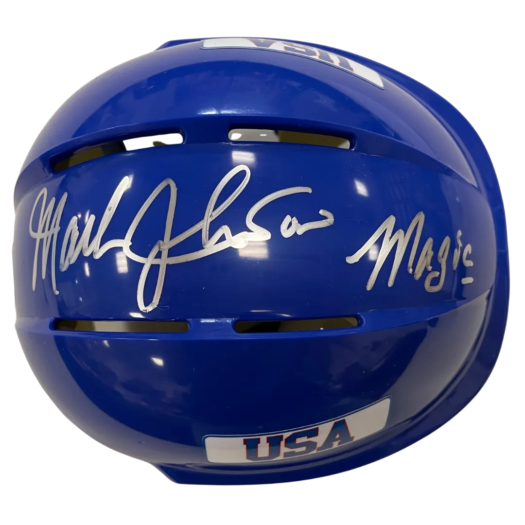 Mark Johnson Autographed Royal Blue Mini Helmet "Magic" (Standard Number)