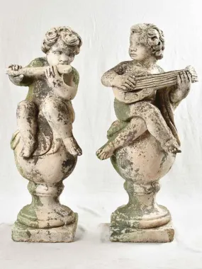 Pair of vintage French garden statues - angels playing flute & mandolin - 38½"