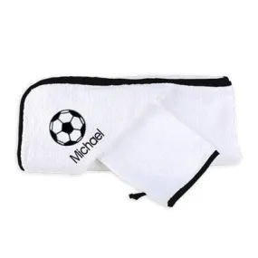 Personalized Basic Hooded Towel & Wash Mitt Set with Soccer Ball